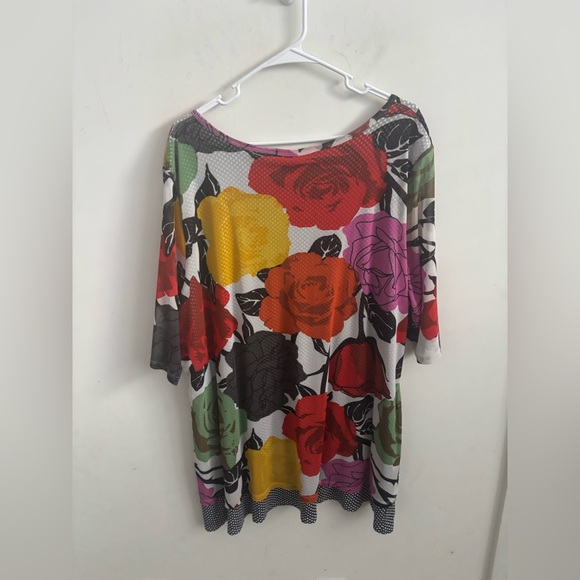 Ali Miles Blouse Floral 2X Sheer Overlay Short Sleeve Colorful Artsy Mature - Picture 2 of 5